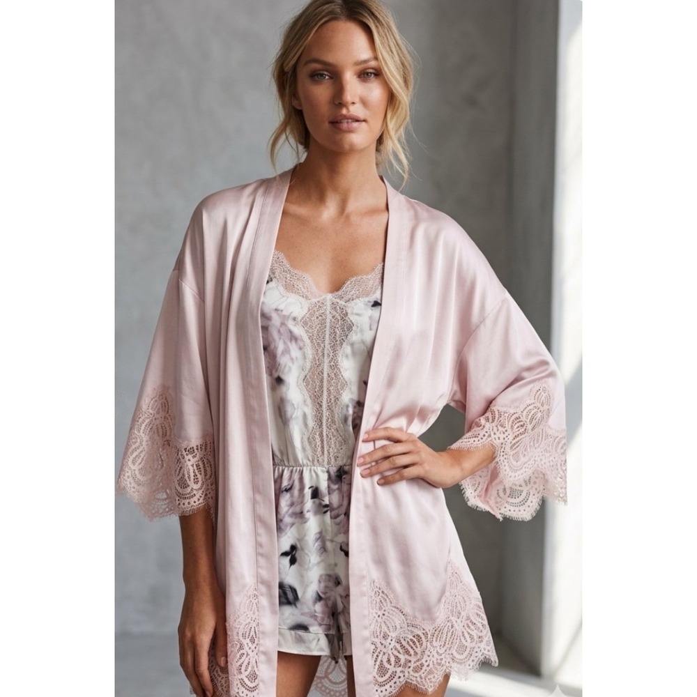 Victorias Secret Here Comes The Bride Satin Robe and Floral Romper Set Pink S